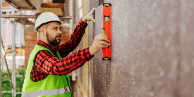 Ein Handwerker Legt Eine Wasserwaage An Einer Hauswand An